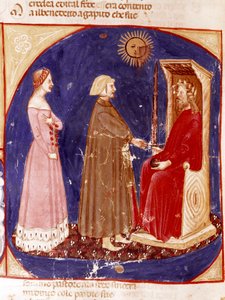 2. himmel: Dante og Beatrice møter den romerske keiseren Justinian i paradisets 1. himmel. Opplyst side som illustrerer en sang fra Paradiset fra "Divina Commedia" av Dante Alighieri (1265-1321). 1300-tallet, Venezia, Biblioteca Marciana av Unknown artist
