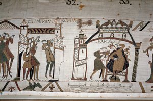 32: Kometens utseende; 33: En budbringer advarer kong Harold II (1022 - 1066) - Bayeux-teppet, kjent som Embroidery of Queen Mathilde av Unknown artist