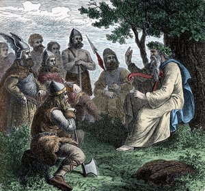 A Bard Reciting to Northmen - Viking Civilization: A Bard Druid Recite Poesy to Warriors, 8.-9. århundre av Unknown artist