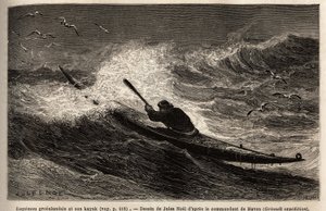En grønlandskajakk passerer bølgesperren. Gravering for å illustrere reisen til det frie havet på den arktiske polen, av Doctor Hayes, kirurg ved United States Navy, i 1860-1862, publisert i "Le tour du monde, nouveau journal des voyages", redigert av Ed av Unknown artist