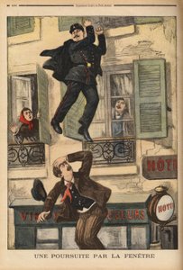 En politimann i Montreuil nøler ikke med å kaste seg ut av vinduet for å forfølge en innbruddstyv, som nettopp har hoppet for å unnslippe sine forfølgere. Gravering i "" Le petit journal"" 17.12.1899. Selva samling. av Unknown artist