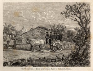 En sienesisk vogn med bønder, har to hjul, for transport av vintønner, trukket av et par små hvite okser. Gravering for å illustrere en reise til Siena (Italia) i 1865, i "" Le tour du monde, nouveau journal des voyages"" publisert under dir. av Unknown artist