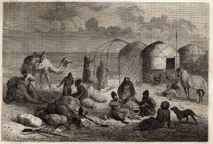 En Turcoman-leir i grenseområdet til Turkestan og Persia, hvert telt, laget av treespalier og dekket med filt, huser en familie. Gravering for å illustrere historien om Henri de Blocqueville "14 mois de captivite chez les turcomans"" mellom 1860 og av Unknown artist