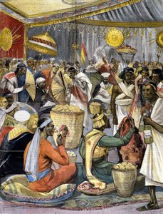 En bankett ved hoffet til kong Menelik II (1844 - 1913) i Etiopia. ill. for sent 1800-tallspresse. av Unknown artist