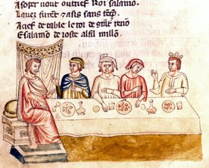 En bankettscene: en konge og hans gjester - Miniatyr fra kodeksen "The Entrree of Spain"" (Ms.Franc.21) 1300-tallet. Biblioteca Marciana, Venezia. av Unknown artist
