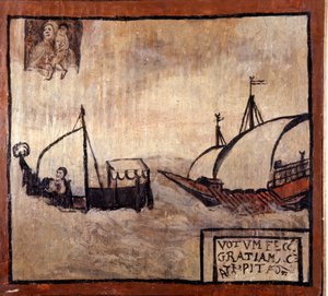 En barbaresk bysse jager en båt med napolitanske fiskere. Ex-voto på 1600-tallet. Madonna dell