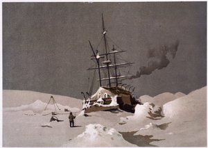 En båt fanget i is - i "The shores of the polar sea, an Arctic expedition narration", av Dr. Edward Moos, Marcus Nard & Co, London av Unknown artist