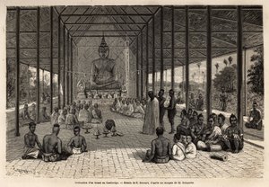 En bonze-ordinasjonsseremoni i et tempel i nærheten av Angkor, Kambodsja. Gravering for å illustrere utforskningsreisen i Indokina, av Francis Garnier, løytnant de Vaissseau, i 1866-1868, publisert i "" Le tour du monde""" 1870-187 av Unknown artist