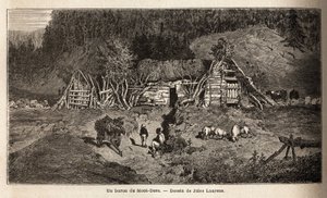 En bur av Mont-Dore (Mont Dore), en bygning som ligger i fjellbeitene i det sentrale Frankrike, opererer sesongmessig, brukes til å lage ost fra mai til oktober og til å huse kyr. Gravering for å illustrere reisen til vulkanene i det sentrale Frankrike, i  av Unknown artist