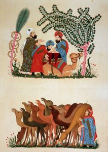 En campingvogn på farten. Illustrasjon av det 13. århundre av "" Maqamat"" (Seances) av Abu Mohammed al-Kasim ibn Ali Hariri (eller Al-Hariri eller Al Hariri) (1054-1122) i "" Arab Art"" fra monumentene i Kairo fra 700-tallet til 1700-tallet av P av Unknown artist