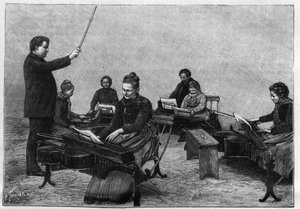 A concert of monocords executed by young girls. Engraving in “” La Nature. Revue des sciences et de ses applications aux arts et a l