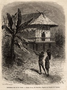 Et par indianere fra Rio Verde (Brasil) mannen med sin sarbacan, foran et typisk hus på stylter. Gravering for å illustrere reisen til New Granada, av Dr. Saffray, i 1869, publisert i "" Le tour du monde""" 1873, redigert av Edouard Charton, e av Unknown artist