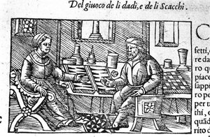 Et par som spiller terninger. Gravering etter "Historia de gentis septemtrionalis" av Olaus Magnus, Roma 1560. av Unknown artist