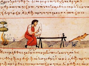 En håndverker som arbeider med elfenben. Miniatyr fra jakthandelen "" The Cynegetics "" av Oppian (Oppian eller Oppianus) fra Syria (3. århundre e.Kr.) dedikert til Caracalla. Venezia fra 1000-tallet. Biblioteca Marciana av Unknown artist