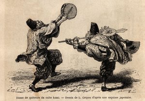 En dans for overføringen av Kami-kulten, med resitasjon av litanier og uventede koreografiske figurer. Gravering for å illustrere reisen til Japan, av Aime Humbert, minister for det sveitsiske konføderasjonen, i 1863-1864, publisert i "" le tour du monde", av Unknown artist