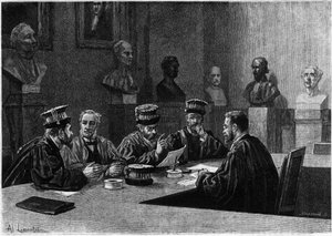 A defence of these from the school of medicine of the Latin Quarter in Paris. Engraving in “Le journal de la jeunesse”” av Unknown artist