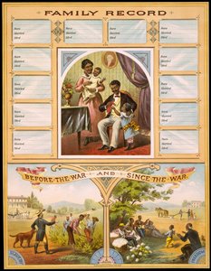 Et diagram som viser to gårder som sammenligner slaveri og frihet. Høy del reservert for innspilling av familiejubileer. Gravering v. 1880. av Unknown artist