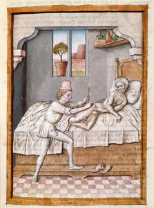 En lege behandler en miniatyrpasient fra en tysk oversettelse av fablene om "Kalila (Calila) og Dimna" av Bidpai. (ms. 1389, fol. 23) rundt 1480 Chantilly, museum Conde av Unknown artist