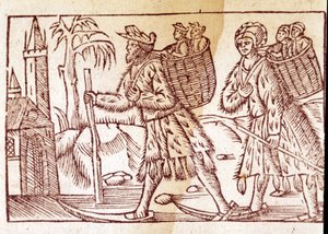 En familie av nordmenn som reiser på ski. Gravering av Olaus Magnus (1490 - 1557), svensk religiøs og geograf, "Historia de Gentis Septentrionalibus", Venezia av Unknown artist