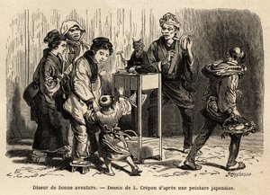 En spåkone i gatene i Edo (nå Tokyo). Gravering for å illustrere reisen til Japan, av Aime Humbert, minister for det sveitsiske konføderasjonen, i 1863-1864, publisert i "" le tour du monde", under ledelse av Edouard Charton, Hachette, Pari av Unknown artist