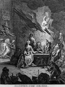 En jente blir mottatt av en heks, omgitt av monstrøse skapninger (ved en innvielsesseremoni?). Gravering fra 1600-tallet av Unknown artist