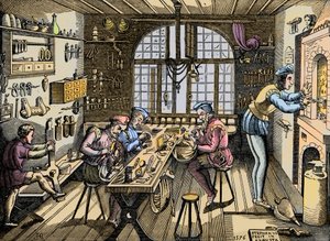 Et gullsmedverksted - Håndverk: utsikt over verkstedet av Etienne Delaune (1518-1583), gullsmed, fransk skriver. Gravering etter en original fra 1576. Verksted til Etienne Delaulne, en gullsmed i Paris av Unknown artist