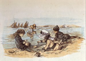 En gruppe barn leker ved vannet på sanden. 1881 av Unknown artist