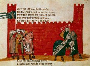 En gruppe riddere som forlater et miniatyrslott fra "" Entree of Spain"". Venezia fra 1300-tallet, Biblioteca Marciana av Unknown artist