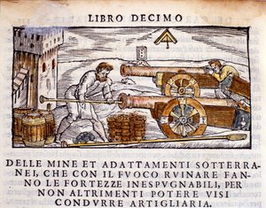 En skytter laster en pistol med eksplosiver. Gravering fra metallurgisk melking "" De la Pyrotechnia"" (eller Pirotechnia) av Vannoccio Biringuccio (1480-1539) 1550. av Unknown artist