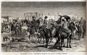 En hestetur i Shurakhan (Kirgisistan eller Kirgisistan). Tegning av Emile Bayard (1837-1891), for å illustrere reisen til Sentral-Asia, i 1863, av Arminius Vambery (ungarsk vitenskapsmann forkledning i dervisj). Gravering i "" Le tour du monde"", redigert  av Unknown artist