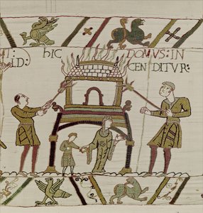 Et hus er brent av normannerne, Bayeux-teppet (ullbroderi på lin) av Unknown artist