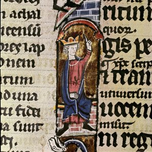 En kongeassistent til rekonstruksjonen av tempelet i Jerusalem. Detalj av en manuskriptside i Bibelen til Saint Ludovic. Biblioteca Comunale Assises fra 1300-tallet, Italia av Unknown artist