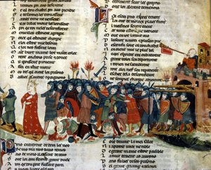 En konge blir tatt til fange og ført bort av fiendens hær mens ofrene for slaget ligger på bakken. Miniatyr av «Roman de Troy»» av Benoit de Saint Maure. Biblioteca Marciana fra 1300-tallet, Venezia av Unknown artist
