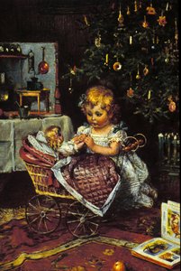 En liten jente oppdager dukken og barnevognen under juletreet. 1800-tallet av Unknown artist