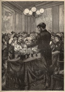 En tryllekunstner som bruker en muskatboks for å få en ball til å dukke opp og forsvinne. Gravering fra 1885 i "" Les arts et metiers illustres"" av Adolphe BITARD. av Unknown artist