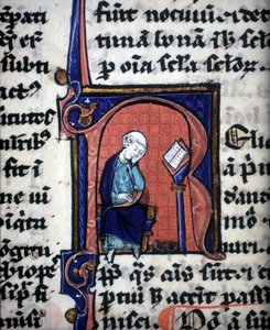 En miniatyrbokstav "R" som representerer en vis mann, hentet fra et manuskript av Aristoteles av Unknown artist