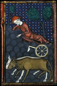 En bonde hviler, ved siden av ham okser og en miniatyrplog fra 1300-tallet. av Unknown artist