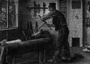 A sabotier at work in his workshop in Belgium, Engraving in the journal “” la jeunesse”” av Unknown artist