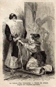 En samurais toalett, en ung hushjelp hjelper henne å binde kimonoen hennes. Gravering for å illustrere reisen til Japan, i 1863-1864, av Aime Humbert, minister for det sveitsiske konføderasjonen, i "" Le tour du monde, nouveau journal des voyages"" utgitt  av Unknown artist