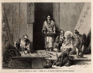 Et skulpturverksted i Yedo (eller Edo, dagens Tokyo), beskjæring av granitt for fremstilling av søyler, statuetter, kandelaber og gravsteiner, samt treskjæring, for fremstilling av alterpaneler, dekorativt treverk, kister og kimæriske figurer av Unknown artist