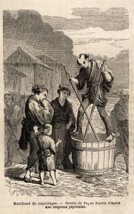 En skjellhandler midt i gaten reiser seg i balanse på tønnen som inneholder varene hans, som han sleper med to lange spisepinner. Gravering for å illustrere reisen til Japan, i 1863-1864, av Aime Humbert, minister for det sveitsiske konføderasjonen, i "L av Unknown artist