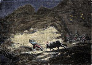 Et skipsvrak (pirat) bruker et lys som henger på hodet til en okse for å lure skip som så nærmer seg kysten og befinner seg i døren til plyndrere. Gravering av 1800-tallet. av Unknown artist