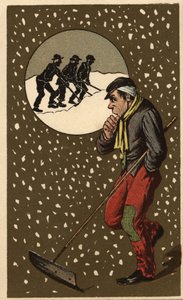 En snøsamler med spaden sin. Anonym kromolitografi, slutten av 1800-tallet. av Unknown artist