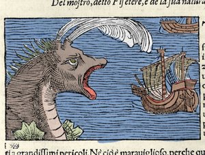 En spermhval (?) (fyseter) angriper et skip. Gravering av Olaus Magnus (1490 - 1557), svensk religiøs og geograf, "Historia de Gentis Septentrionalibus", Venezia av Unknown artist
