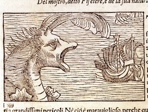 En spermhval (?) (fyseter) angriper et skip. Gravering av Olaus Magnus (1490 - 1557), svensk religiøs og geograf, "History of the Northern Nation", Venezia av Unknown artist