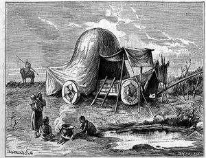 Et telt montert på en tralle fra gallernes tid. Gravering i "" La Nature: revue des sciences et de leurs applications aux arts et a l