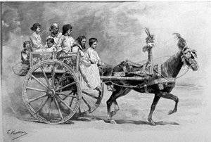 En tradisjonell siciliansk vogn. 1800-talls gravering av Unknown artist
