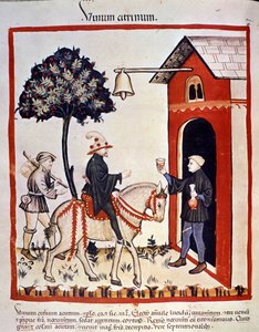 En reisende blir ønsket velkommen på et vertshus og tilbys et glass vin. Belysning fra melking av medisin og diett "" Tacuinum sanitatis"" av Unknown artist
