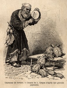 En skilpaddesjarmer, som tilhører mellomsyltetøyet mellom tiggere og eventyrsjarlataner. Gravering for å illustrere reisen til Japan, av Aime Humbert, minister for det sveitsiske konføderasjonen, i 1863-1864, publisert i "" le tour du monde" av Unknown artist