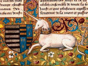 En enhjørning og et våpenskjold Detalj av en manuskriptside fra 1400-tallet - Chantilly, musee Conde - Enhjørning og våpenskjold - Detalj av en miniatyr fra et 15. manuskript - Conde Museum, Chantilly (Frankrike) av Unknown artist